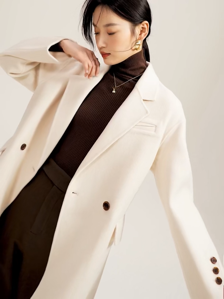 Video showcasing a Women's double-sided wool coat in Piano color, featuring notch lapels, dropped shoulders, and a seamless, fluid silhouette. — From Borcelleclothes.