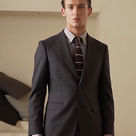 Video showcasing a Men's VBC Super 110s merino wool flannel suit in Portofino. Features half-canvas tailoring, barchetta pocket, and Bemberg cupro lining. — From Borcelleclothes.