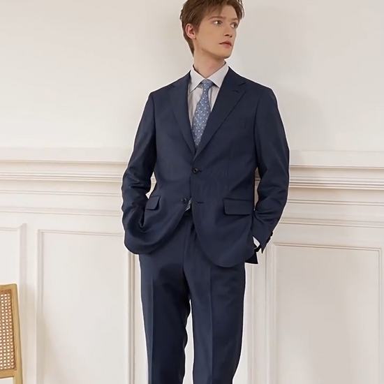 Vide showcasing a Salt Wave men's suit cut from 340 g/m² Vitale Barberis Canonico Super 110’s Merino wool. Tailored with half-canvas framing and Japanese Bemberg™ Cupro lining. — From Borcelleclothes.