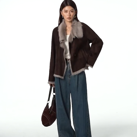 Video showcasing a Women's Suede-faced goatskin jacket with convertible collar and horn buttons, shown in Toorak. — From Borcelleclothes.