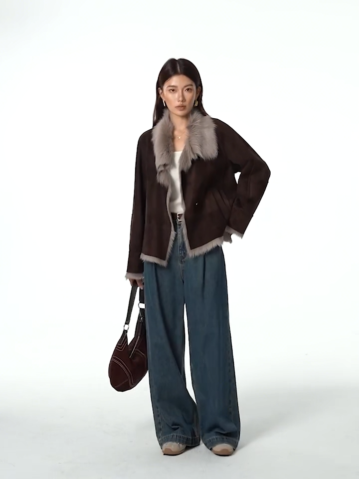 Video showcasing a Women's Suede-faced goatskin jacket with convertible collar and horn buttons, shown in Toorak. — From Borcelleclothes.
