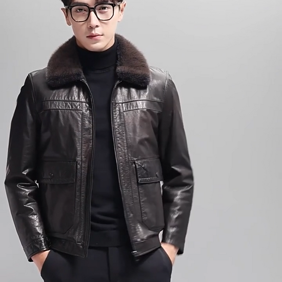 Video showcasing a Men’s leather down jacket in Wenge color with mink fur collar, stitched yokes, and side patch pockets with hidden zip entries — From Borcelleclothes.