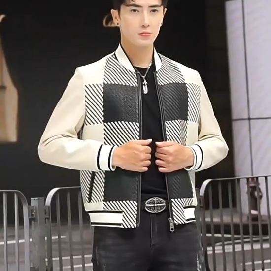 Video showcasing a Men's Woven-leather plaid sheepskin jacket in Platinum & Onyx; metal zip; smooth sleeves; double-trim slit waist pockets; rib-knit collar, cuffs and hem — From Borcelleclothes.