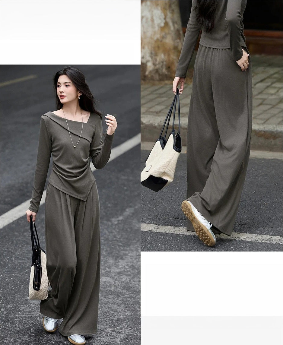 Collage showing front and back views of a woman in an asymmetrical architectural knit set — From Borcelleclothes.