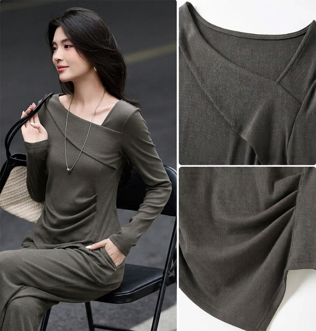 Collage of a seated woman showing top neckline and bottom hem details of a ribbed set — From Borcelleclothes.