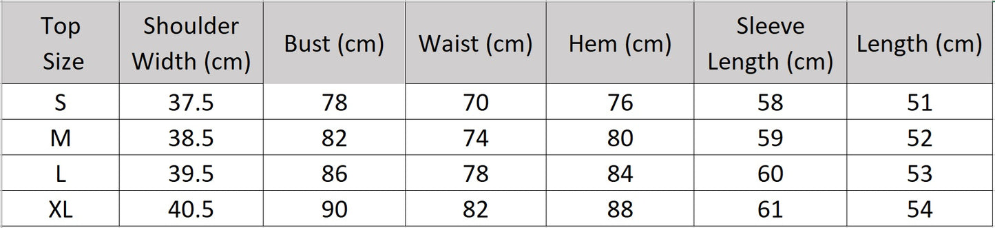 Size chart for women’s architectural ribbed knit long-sleeve top — From Borcelleclothes.