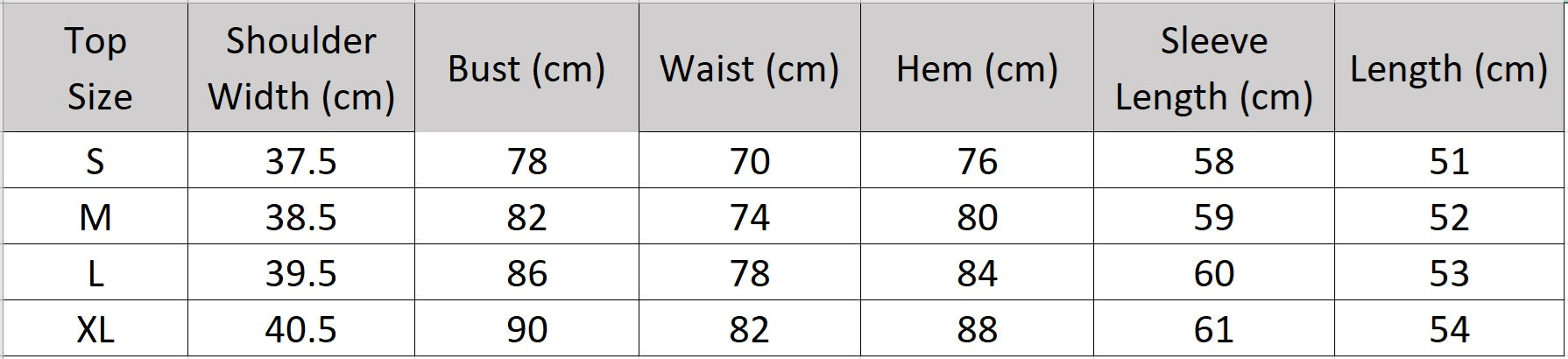 Size chart for women’s architectural ribbed knit long-sleeve top — From Borcelleclothes.