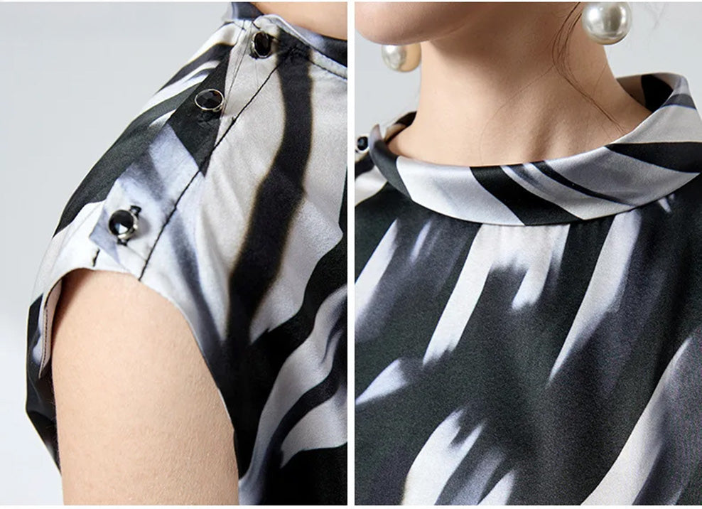 Detail collage of asymmetric collar and crystal button shoulder placket — From Borcelleclothes.
