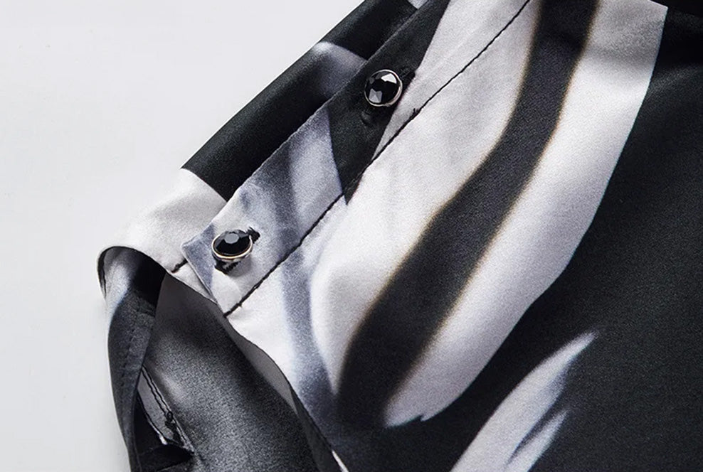 Shoulder placket with faceted crystal buttons on Fleeting Impulse silk blouse — From Borcelleclothes.
