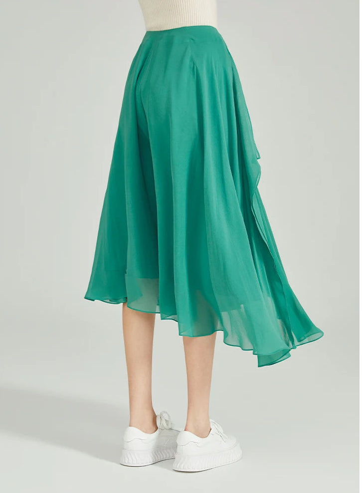 Back view of wide-leg Mulberry silk georgette trousers featuring front and back waist darts — From Borcelleclothes.