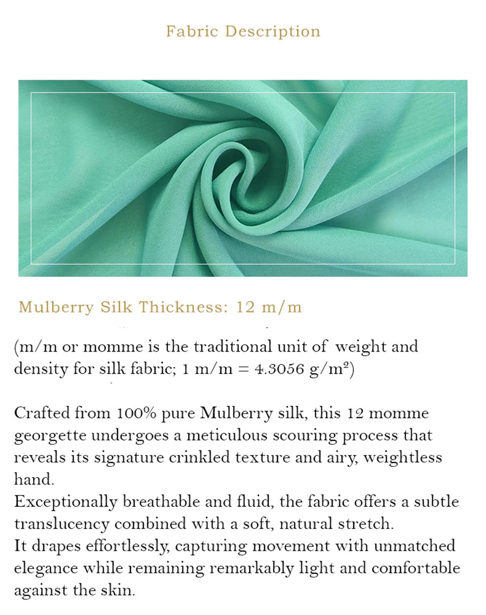 Close-up of 12 momme Mulberry silk georgette in Meringue green showing delicate spiral crinkled texture — From Borcelleclothes.