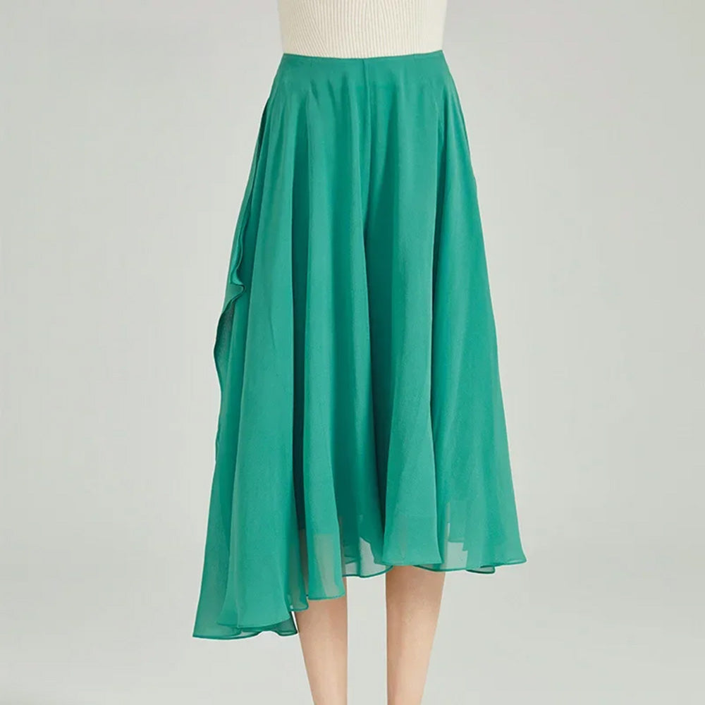 Women's 12 momme Mulberry silk georgette trousers in Meringue, featuring a deceptive skirt-like drape, right side handkerchief cascade, and asymmetrical hem. —From Borcelleclothes.