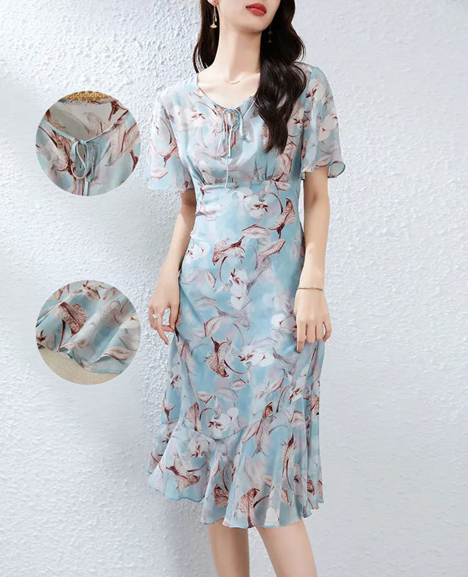 A detailed collage showing a woman looking aside, the neckline bow tie, and the asymmetrical bottom hem of the silk dress — From Borcelleclothes.