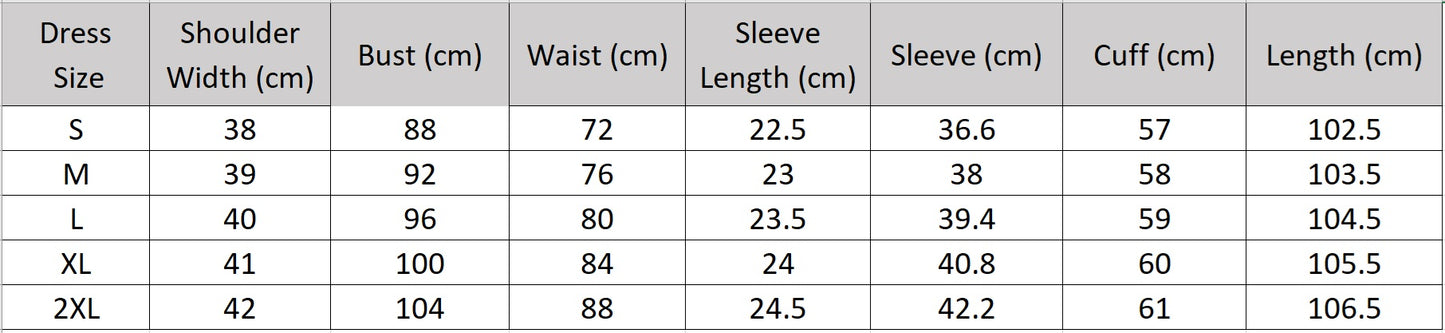 Women's size chart for a flared 100% crepe de chine silk dress in Celestial Bauhinia color. Featuring a front empire waist, delicate flutter sleeves, and wave-curved bottom flounces. — From Borcelleclothes.