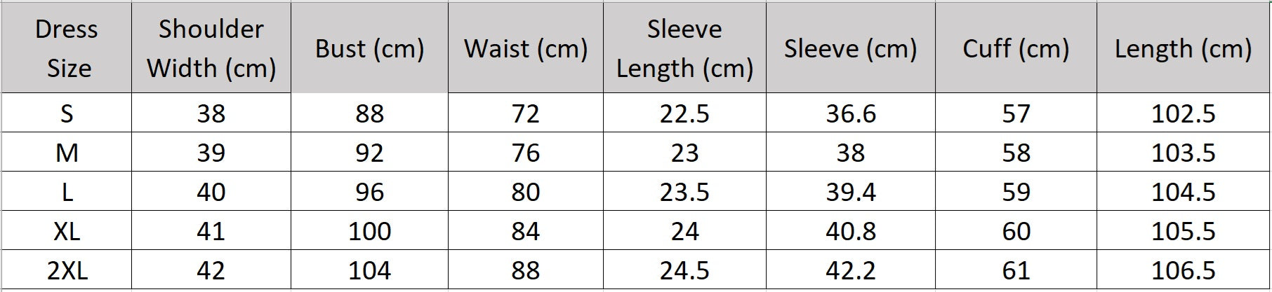 Women's size chart for a flared 100% crepe de chine silk dress in Celestial Bauhinia color. Featuring a front empire waist, delicate flutter sleeves, and wave-curved bottom flounces. — From Borcelleclothes.