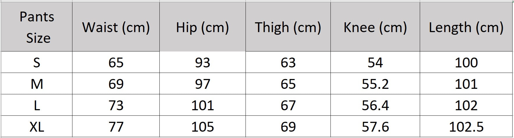 Detailed size chart for the women's wide-leg pleated trousers with a half-break length — From Borcelleclothes.