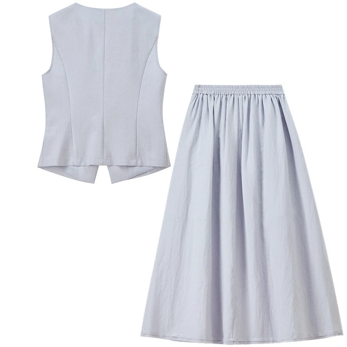 Flat lay of the lavender asymmetrical vest and flared skirt, back view — From Borcelleclothes.
