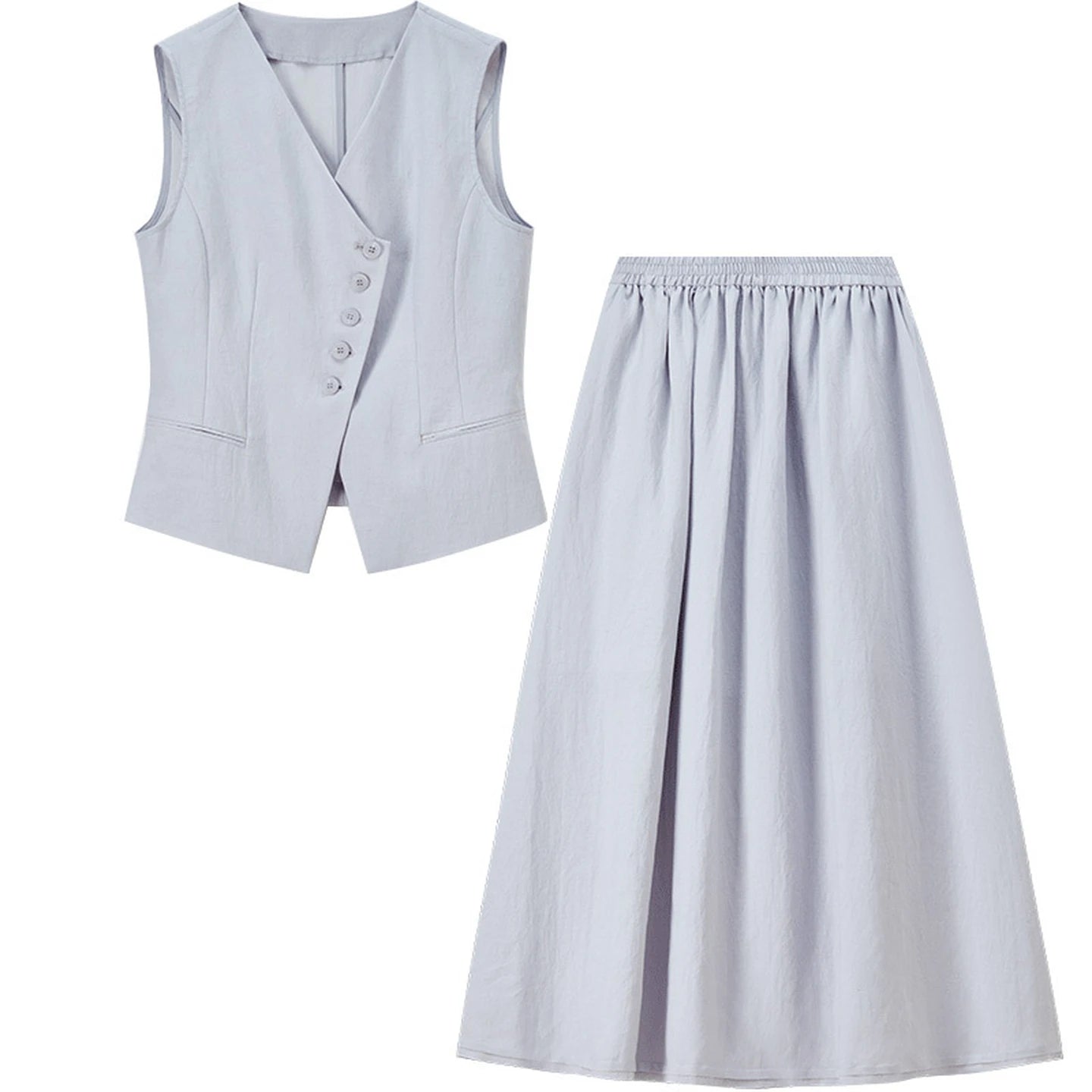Flat lay of the lavender asymmetrical vest and flared skirt, front view — From Borcelleclothes.