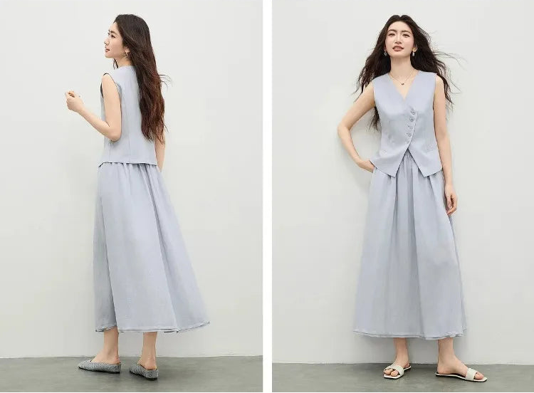 Front and back view comparison of a woman wearing the lavender asymmetrical set — From Borcelleclothes.