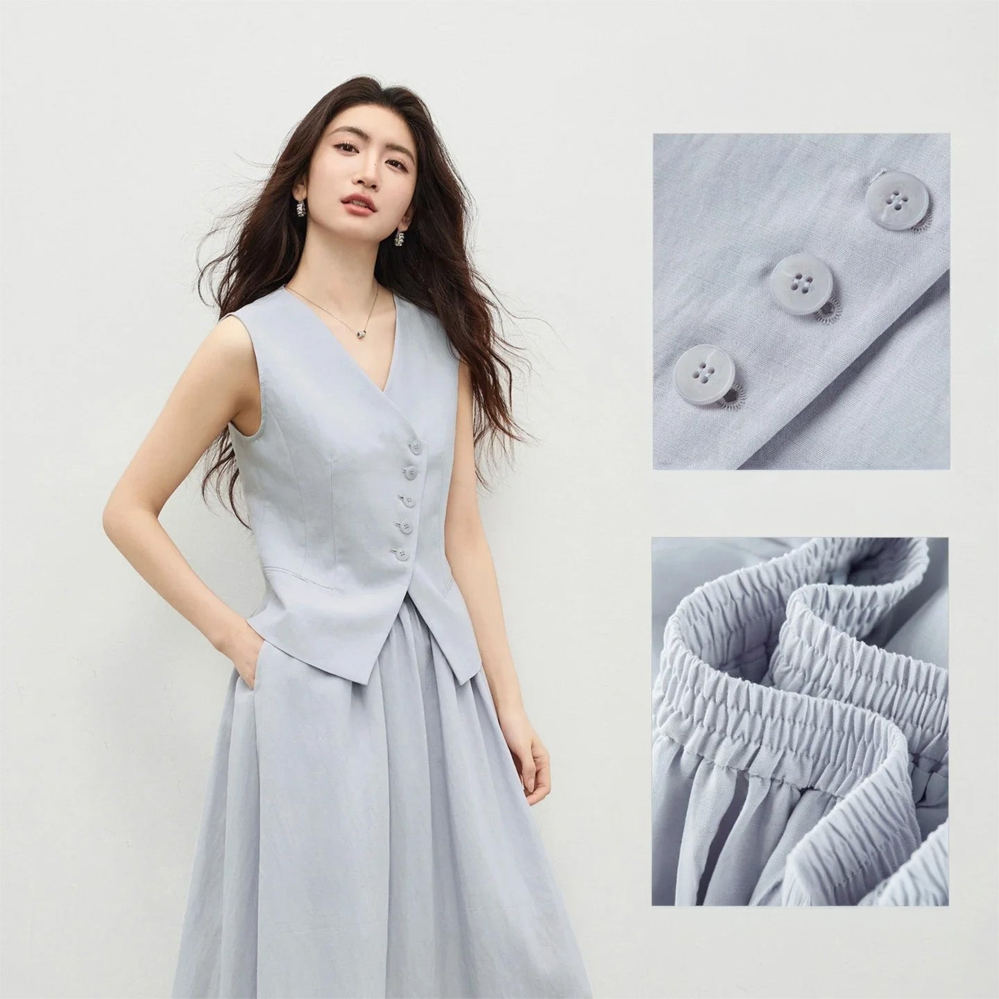 Detail collage: vest buttons, elasticated waistband, and hand in the skirt pocket — From Borcelleclothes.