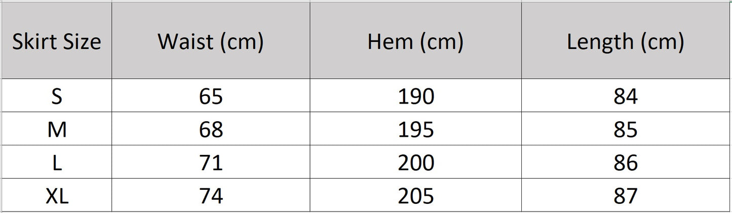 Size guide and measurements for the women's flared midi skirt — From Borcelleclothes.