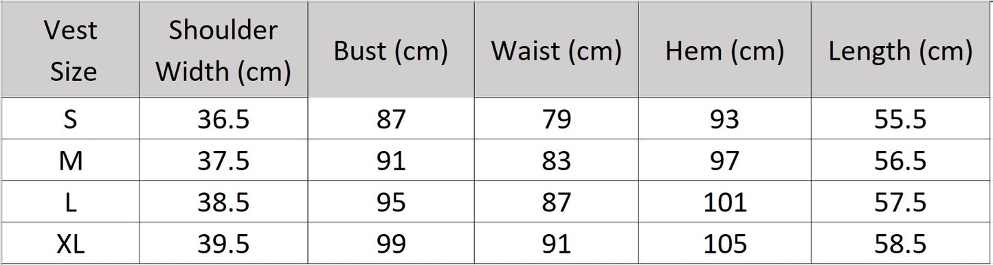 Size guide and measurements for the women's asymmetrical slim-fitting vest — From Borcelleclothes.