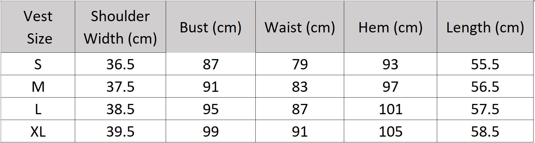 Size guide and measurements for the women's asymmetrical slim-fitting vest — From Borcelleclothes.