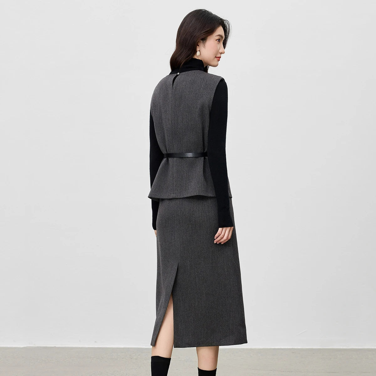 Back view of the Bosphorus Nightfall set, showing the back darts and vent of the midi skirt — From Borcelleclothes.