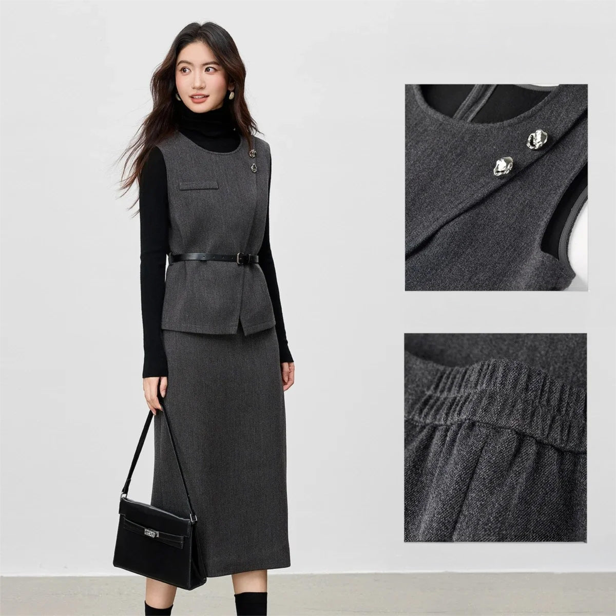 Collage showing the back construction, gold buttons, and elasticated waist of the grey wool set — From Borcelleclothes.