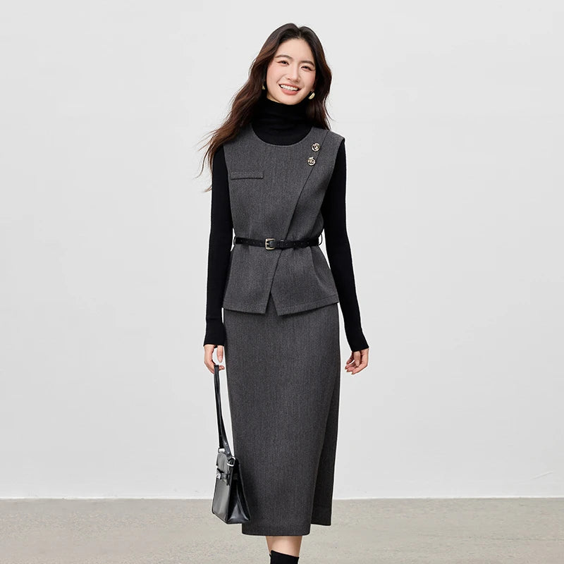 Asymmetrical olive-brown wool blend vest, decorative molten gold buttons, slender leather belt, strict midi skirt with back vent, tailored feminine set in Bosphorus Nightfall color. — From Borcelleclothes.