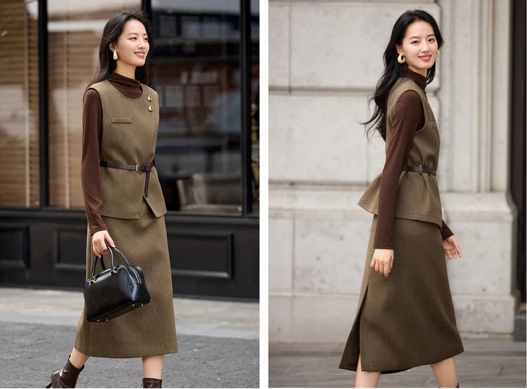 Collage of a model walking in an asymmetrical wool blend twill set, showing the movement of the A-line skirt — From Borcelleclothes.