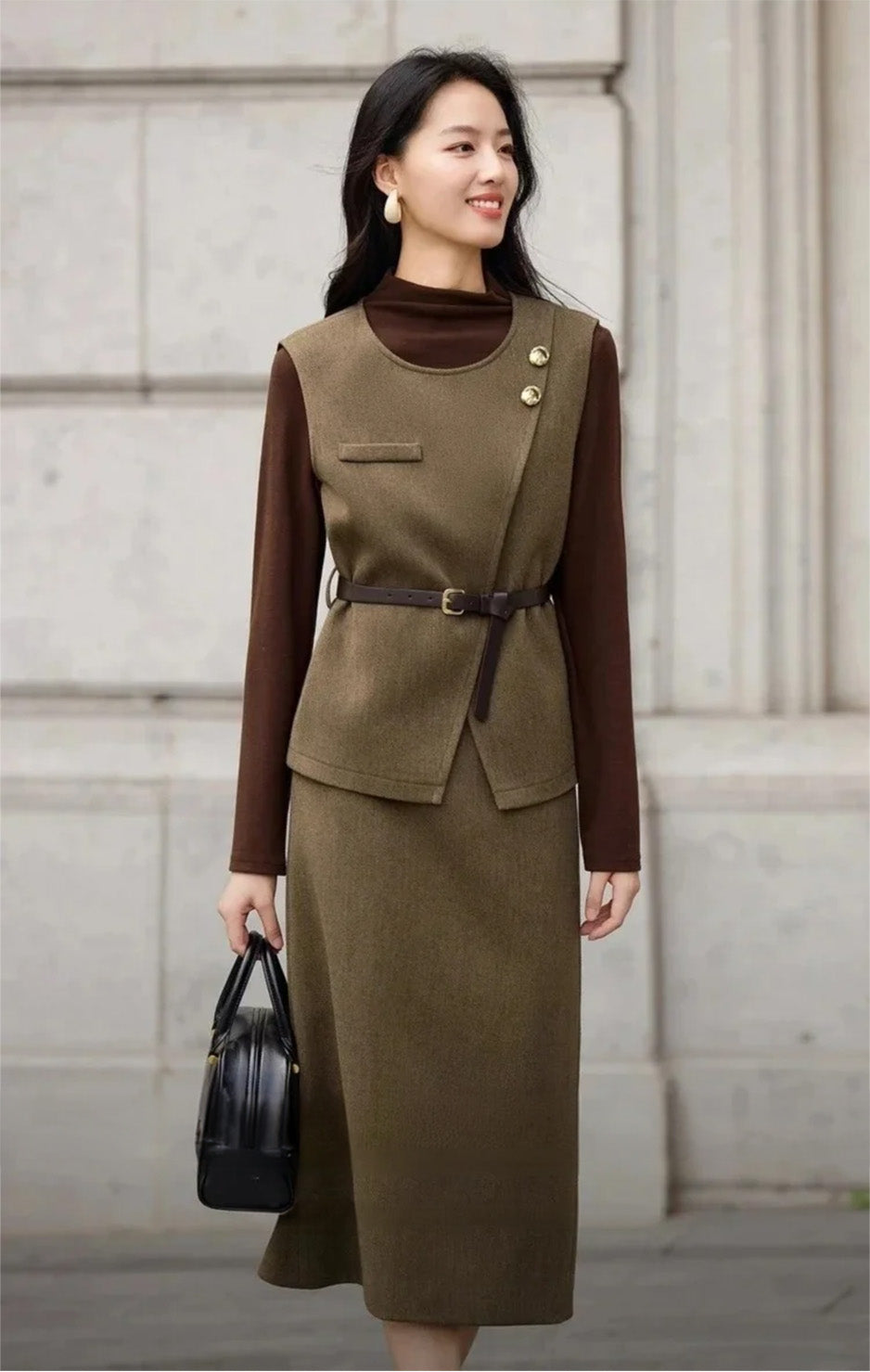 Elegant side profile of a model in a belted wool blend set, Istanbul street noir atmosphere — From Borcelleclothes.