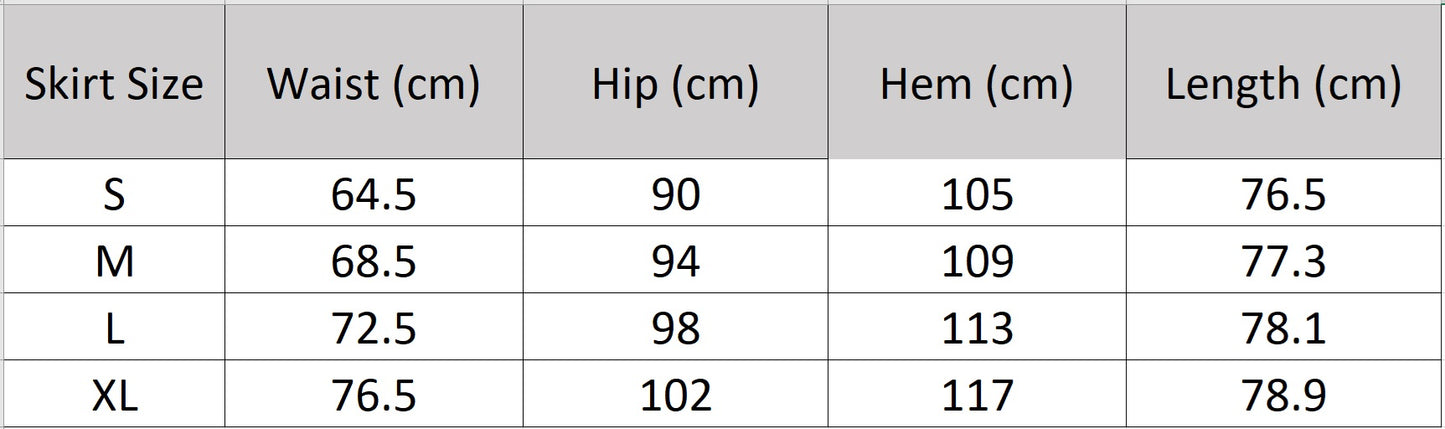 Detailed size guide for the strict midi wool blend skirt with back vent and darts — From Borcelleclothes.