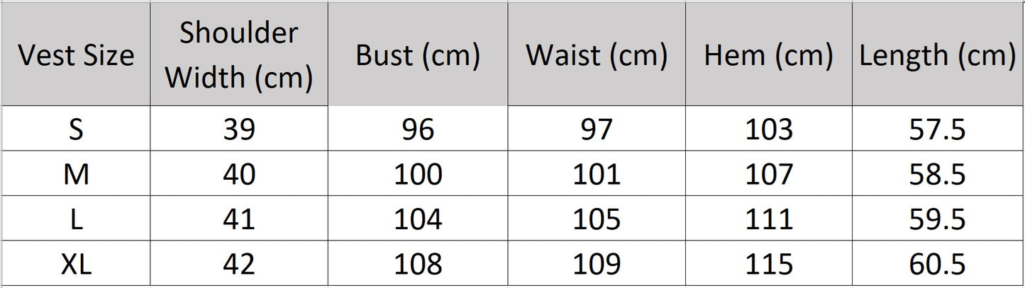 Detailed size guide for the asymmetrical wool blend wrap vest with gold buttons — From Borcelleclothes.