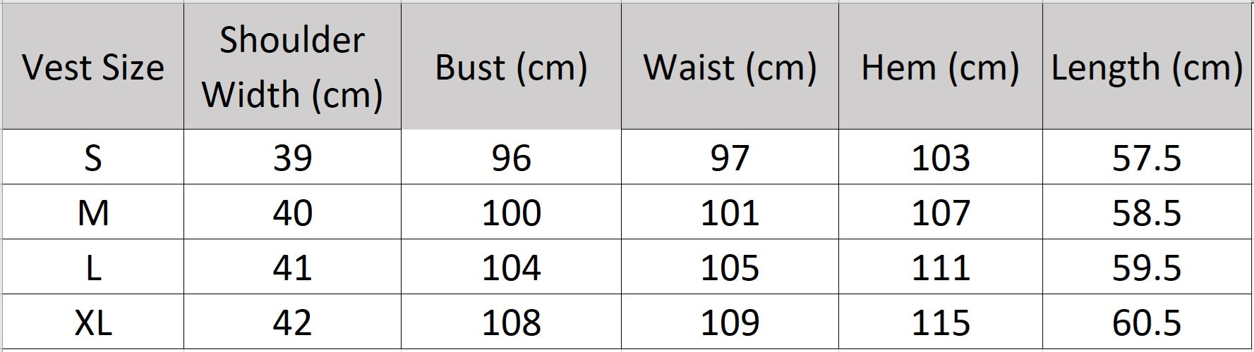 Detailed size guide for the asymmetrical wool blend wrap vest with gold buttons — From Borcelleclothes.