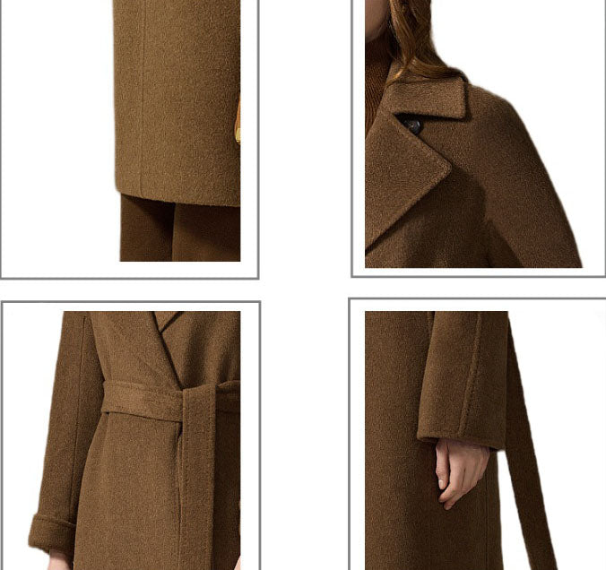 A technical collage of the Gobi Haze coat details: collar, waist, and cuffs as worn by the model. From Borcelleclothes.