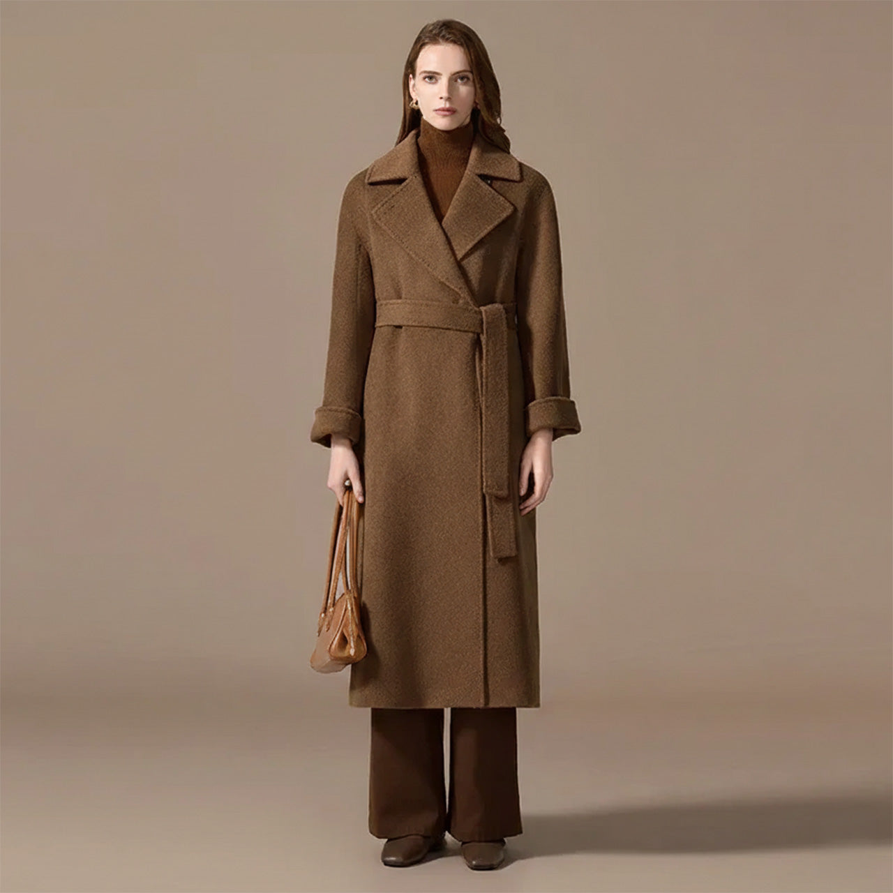 Women's Long camel hair coat in Gobi Haze color, featuring a pointed collar and princess seams. — From Borcelleclothes.