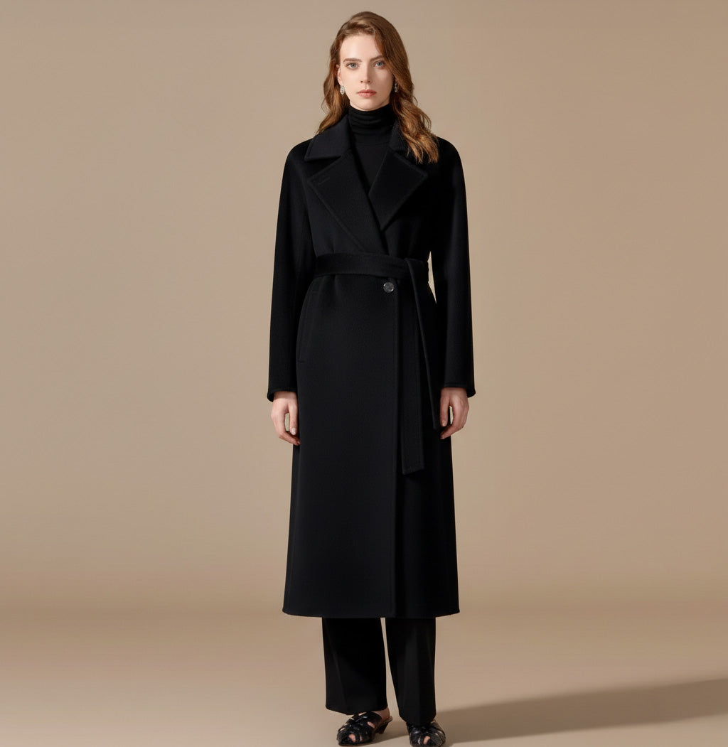 Women's Long camel hair coat in Nightfall color, featuring a pointed collar and princess seams. — From Borcelleclothes.