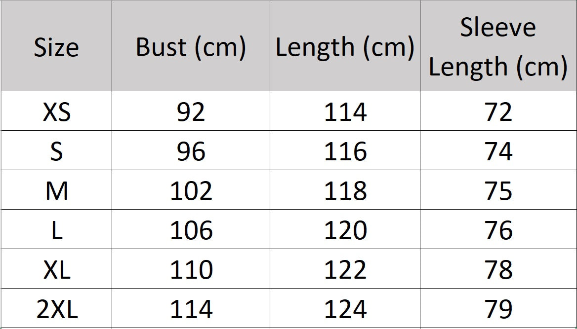 Women's size chart for a Bactrian Camel Hair Coat—crafted from sustainably sourced Bactrian camel hair for exceptional warmth and softness. Featuring princess seams, a streamlined three-panel sleeve design, and a tailored silhouette, this coat blends luxury with refined craftsmanship. From Borcelleclothes.