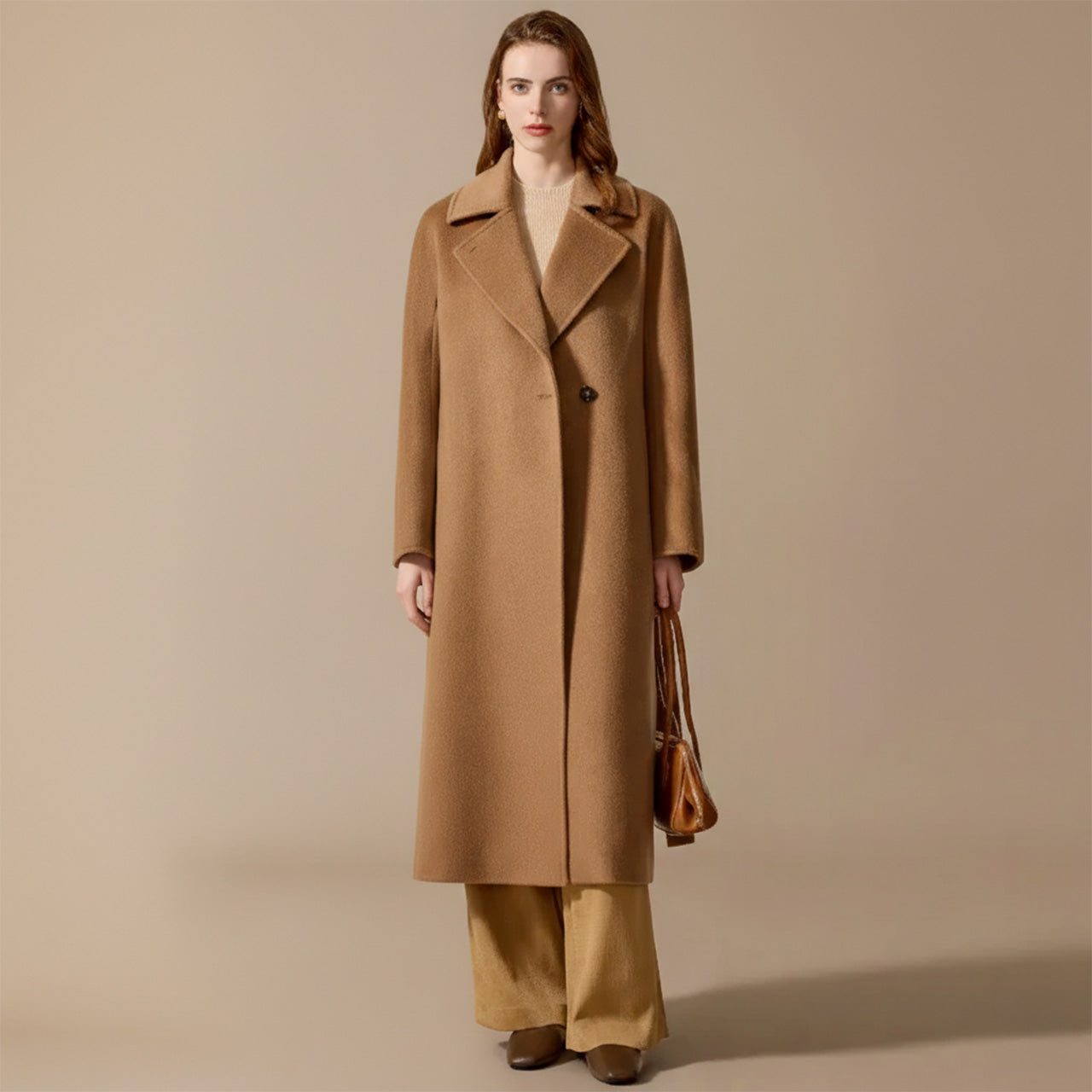 Women's Long camel hair coat in Touch of Tumbleweed color, featuring a pointed collar and princess seams. — From Borcelleclothes.