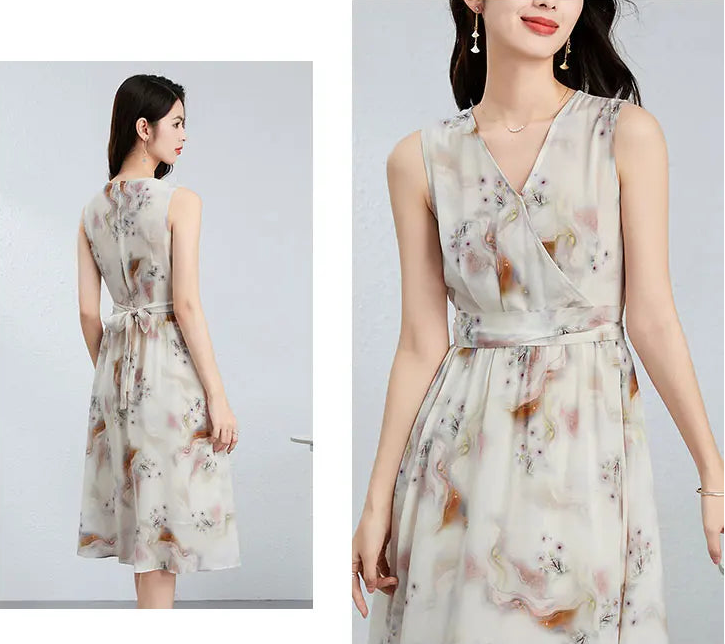 A detailed collage showing both the front wrap bodice and the elegant tied back of the silk midi dress on the model — From Borcelleclothes.