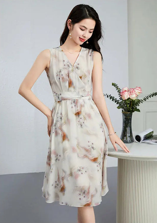 A woman in a flared silk midi dress resting her fingertips on a modern fluted pedestal table, showcasing the soft drape of the wrap bodice — From Borcelleclothes.
