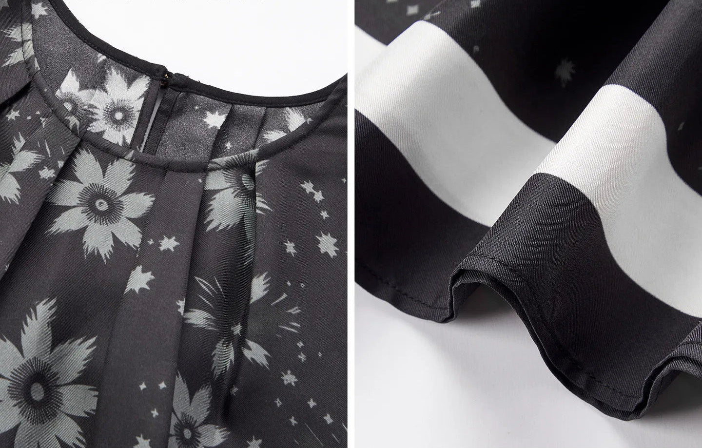Collage highlighting the pleated front neckline and the wide contrast border pattern at the hem — From Borcelleclothes.