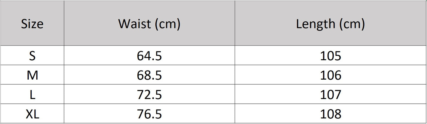 Women's size chart for a floor-length wide trousers crafted from 30 Momme 6A Grade Mulberry silk in Uyuni Mirage, featuring four front box pleats and an adaptive elasticated back waist. — From Borcelleclothes.