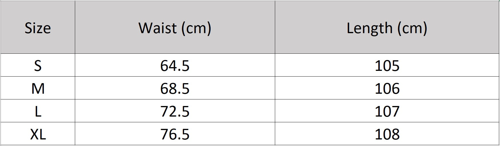 Women's size chart for a floor-length wide trousers crafted from 30 Momme 6A Grade Mulberry silk in Uyuni Mirage, featuring four front box pleats and an adaptive elasticated back waist. — From Borcelleclothes.