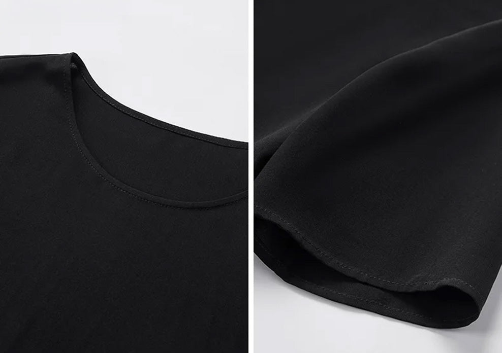 Collage highlighting design details of the Calculated Canvas top, focusing on the round neckline and elongated set-in sleeves — From Borcelleclothes.