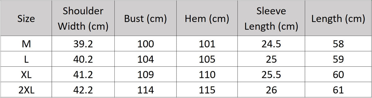 Women's size chart for a Loose-fitting hip-length top in Calculated Canvas. Crafted from 20 momme matte silk crepe with a classic round neckline and elongated set-in sleeves. — From Borcelleclothes.
