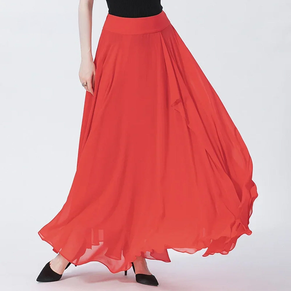 Women's 12 Momme mulberry silk georgette maxi skirt in Wild Blush. A fluid silhouette featuring a free-flowing cascade panel integrated into the front seam. — From Borcelleclothes.