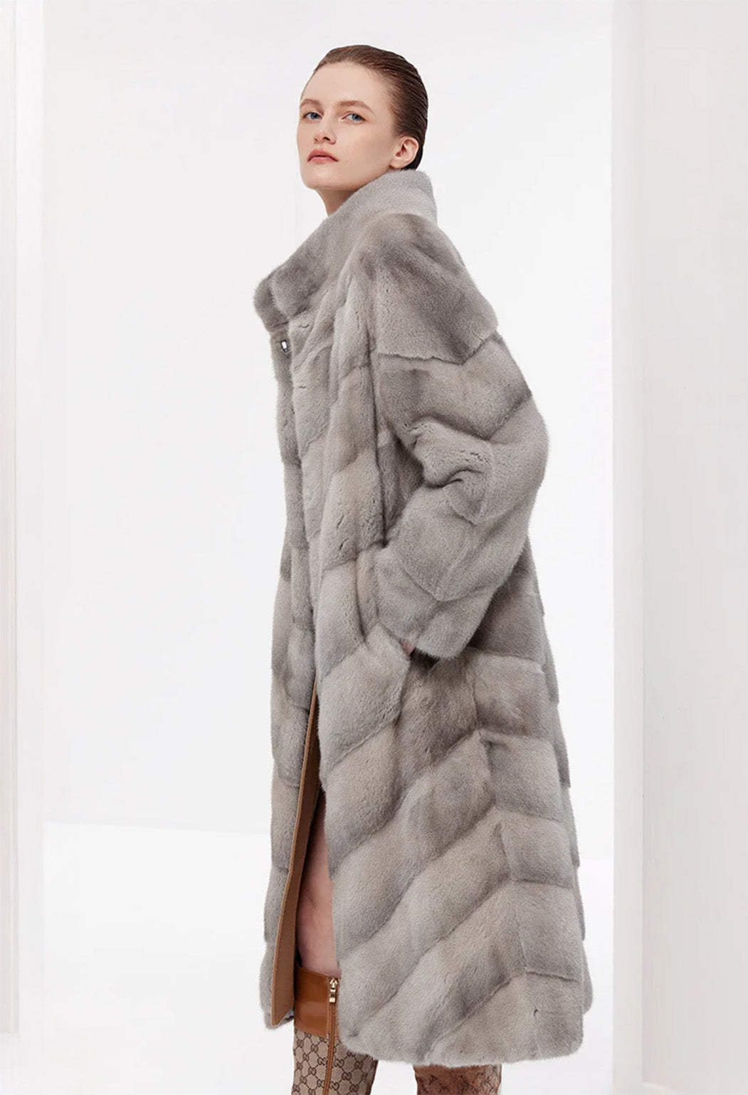 Side view of the women’s chevron sheared mink coat in Call of the Loon — From Borcelleclothes.