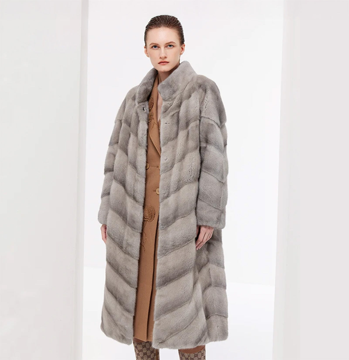 Women’s mid-calf sheared mink coat with diagonal chevron paneling, stand collar, hidden hooks, and internal drawstring waist — Call of the Loon color. — From Borcelleclothes.